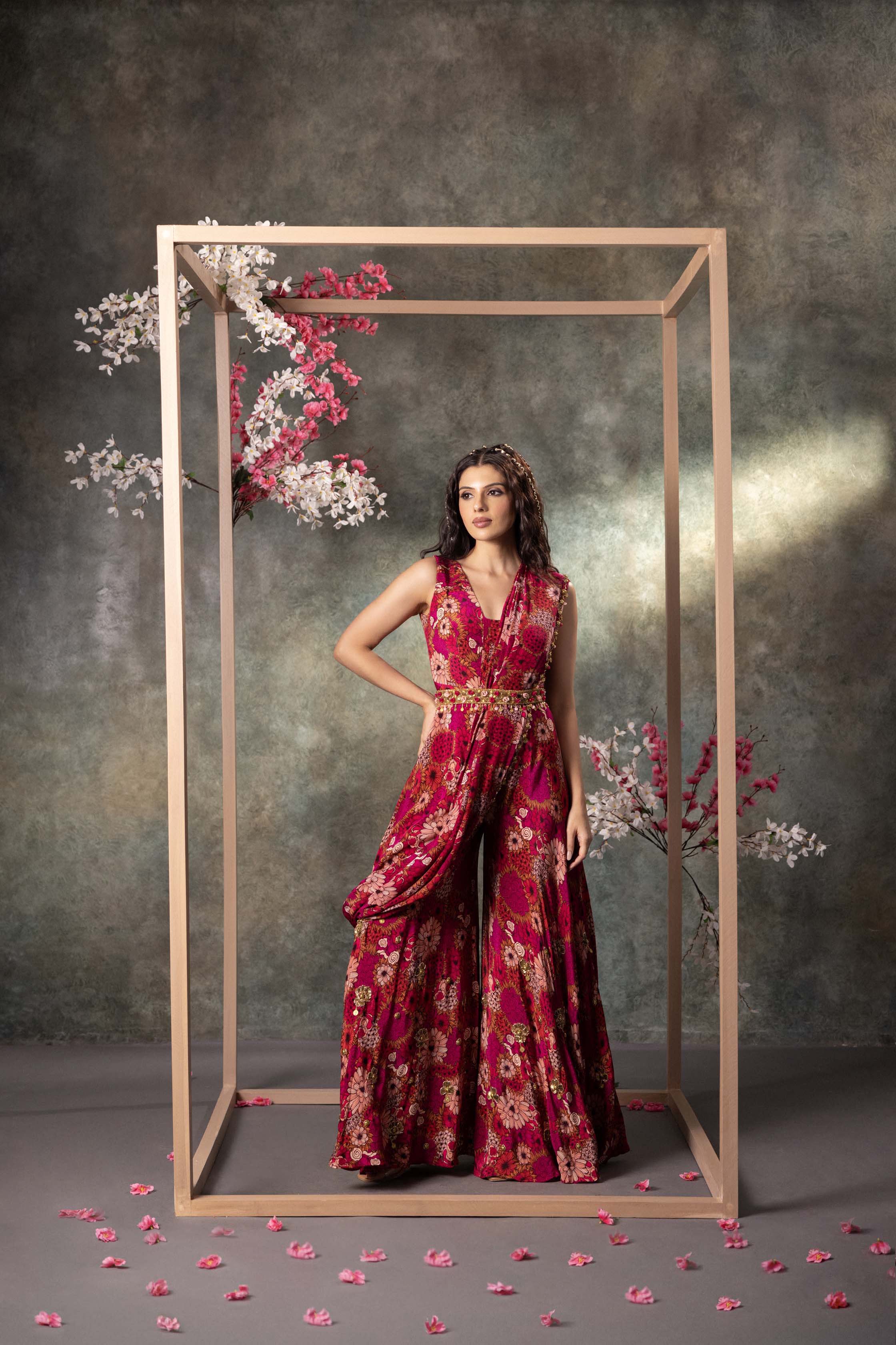 Pink Printed Jumpsuit, Drape And Belt Set With Embroidery – Mehak