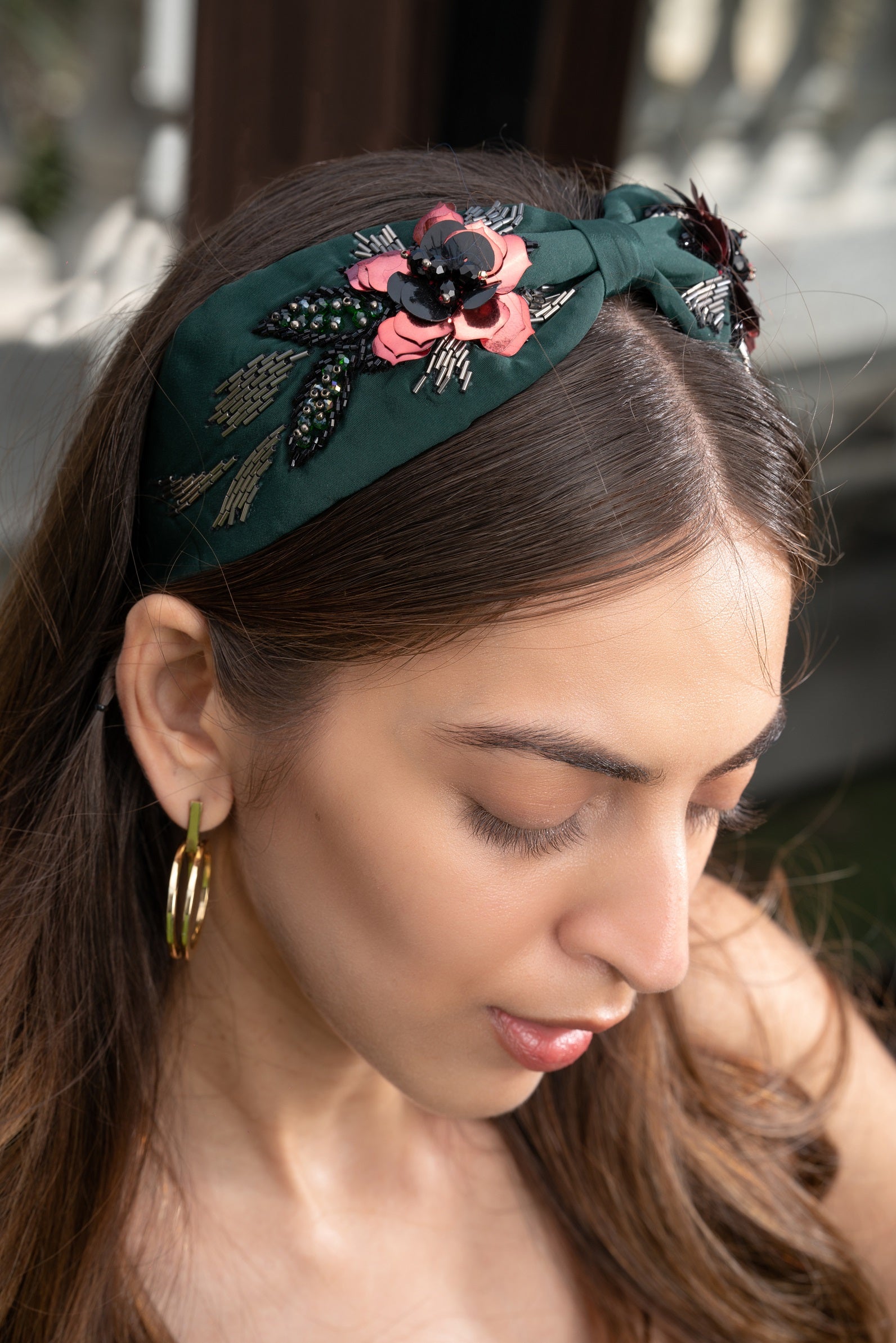 Forest Green Headband With Embellishments And Sequins – Mehak Murpana