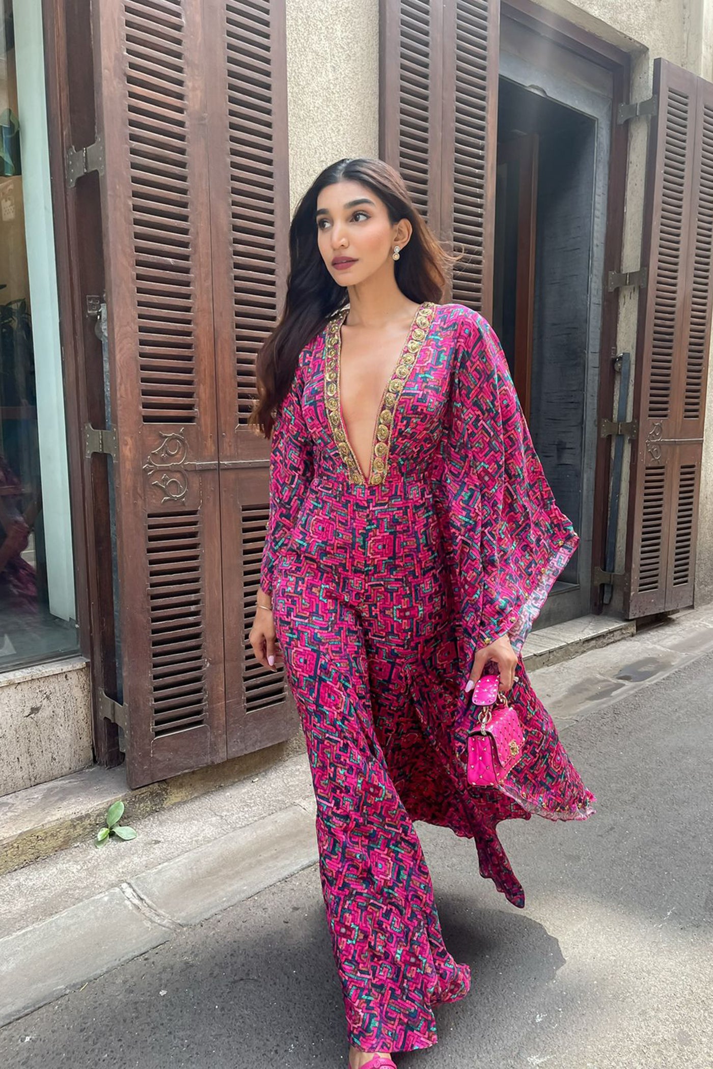 Pink Embroidered Kaftan Jumpsuit