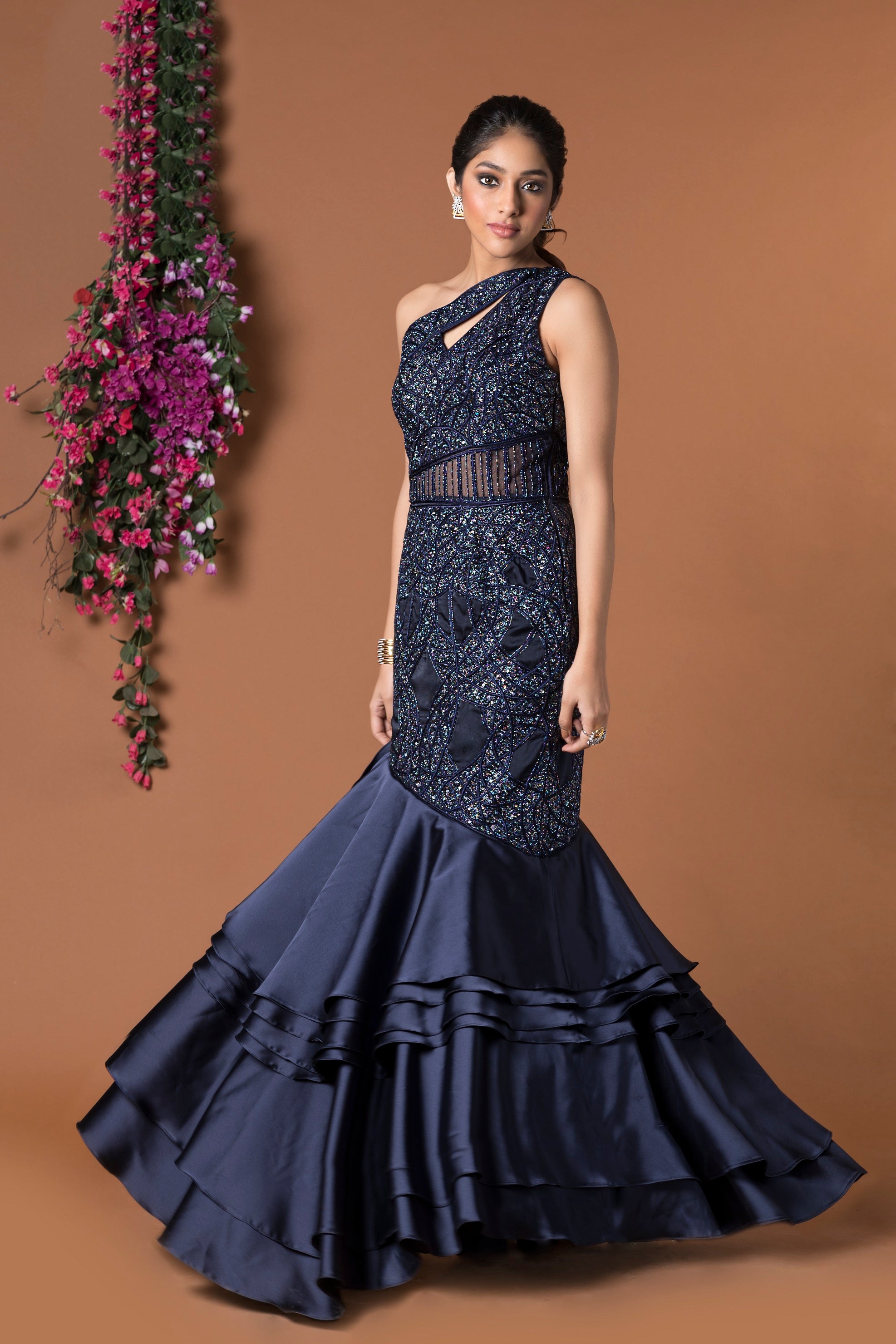 Navy Blue Fish Cut Embroidered Gown