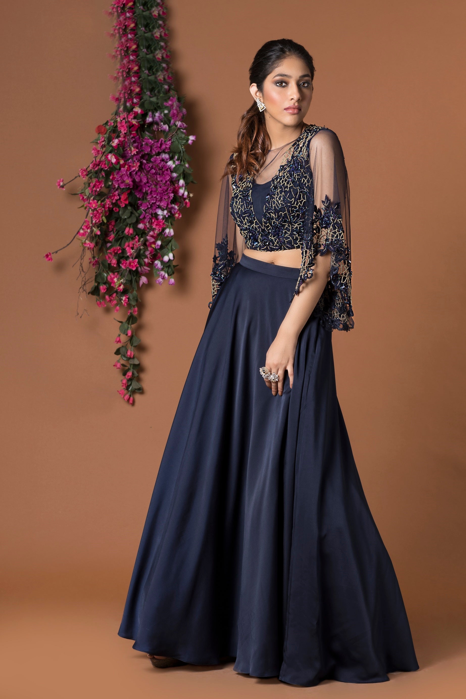 Navy Blue Lehenga And Embroidered Crop Top Set