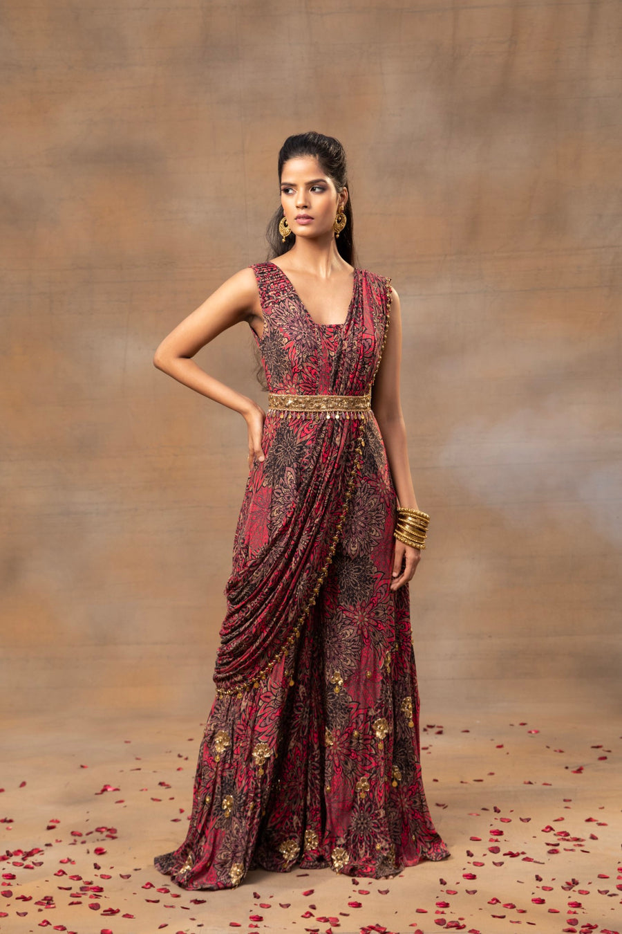 Pink Printed Jumpsuit, Drape And Belt With Embroidery