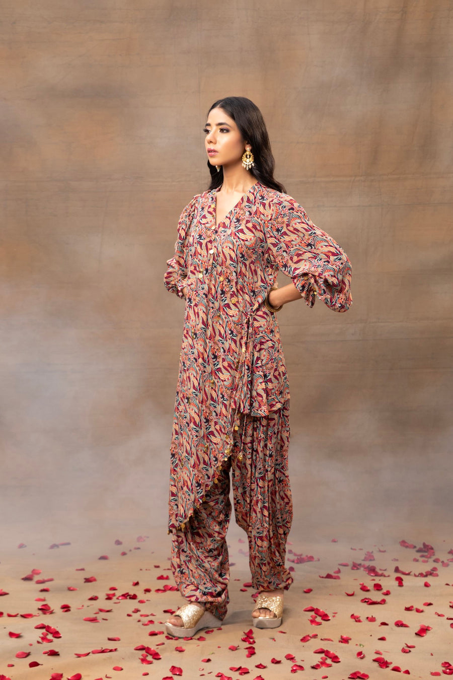 Lurex Striped Floral Printed V Neck Top And Patiala With Stylish Net O   Little Muffet