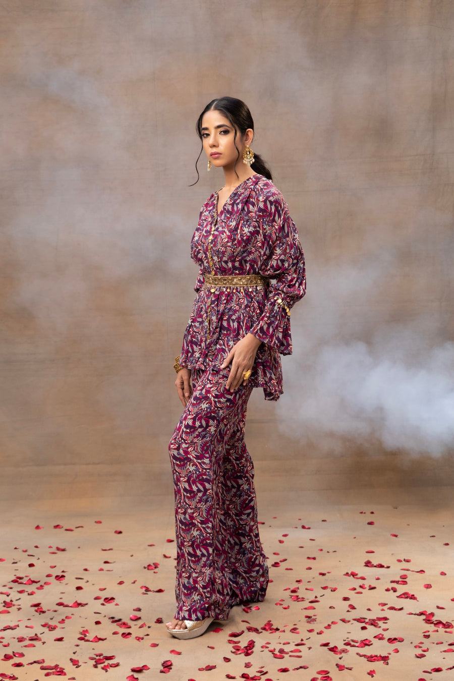 Purple Printed Embroidered Top, Pants And Belt Co Ord Set