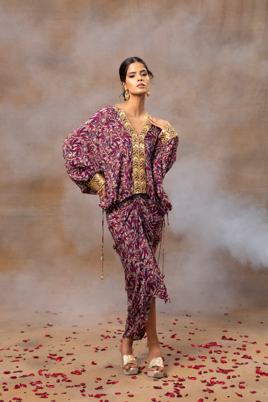 Purple Printed Embroidered Batwing Top With Draped Skirt Set