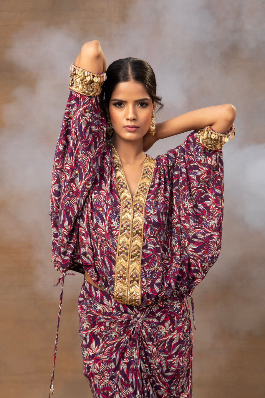 Purple Printed Embroidered Batwing Top With Draped Skirt Set