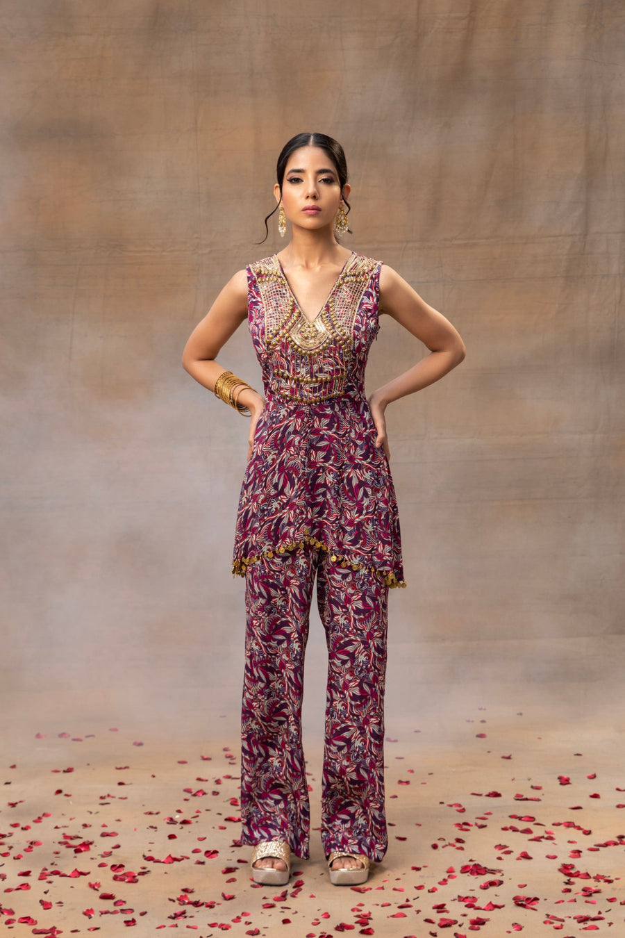 Purple Printed Embroidered Top With Pants Set
