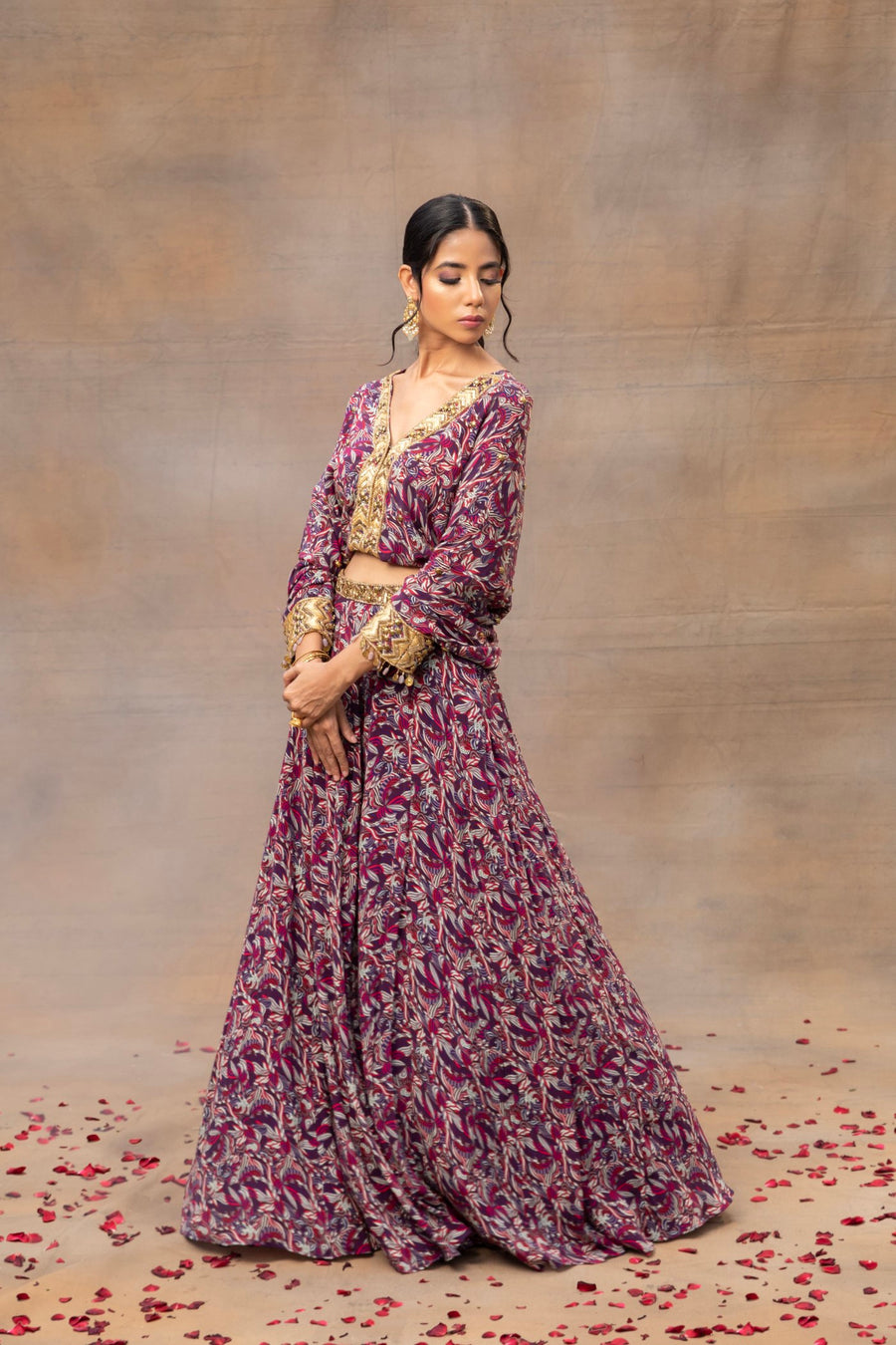 Purple Printed Embroidered Batwing Sleeves Top With Lehenga Set