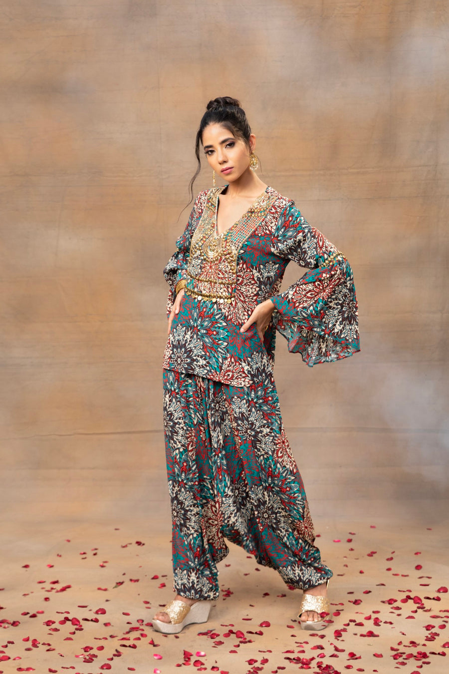 Green Printed Embroidered Short Top With Low Crotch Dhoti Pants Set