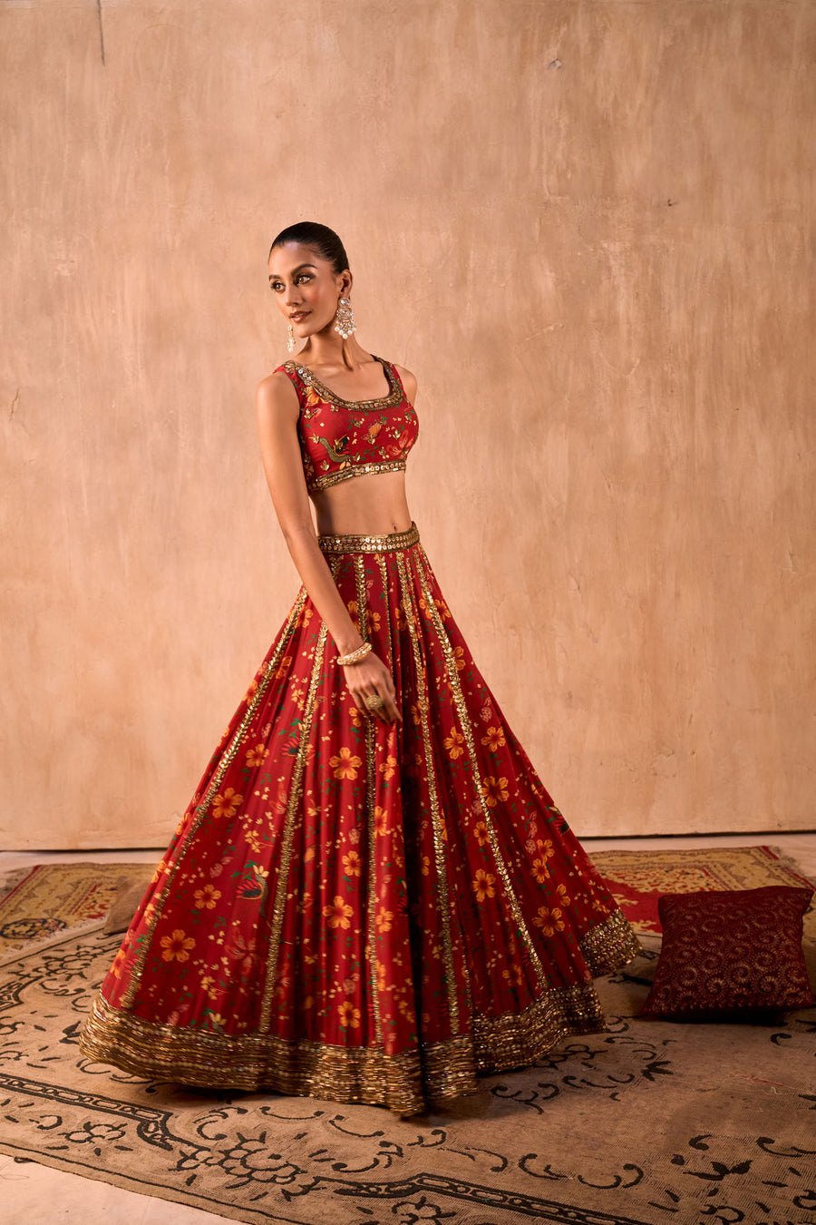 Red Print Embroidered Choli, Lehenga And Dupatta Set