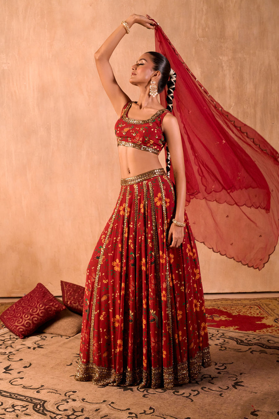 Red Print Embroidered Choli, Lehenga And Dupatta Set