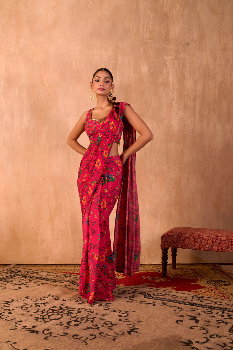 Pink Print Embroidered Choli With Pre-Draped Sari Set