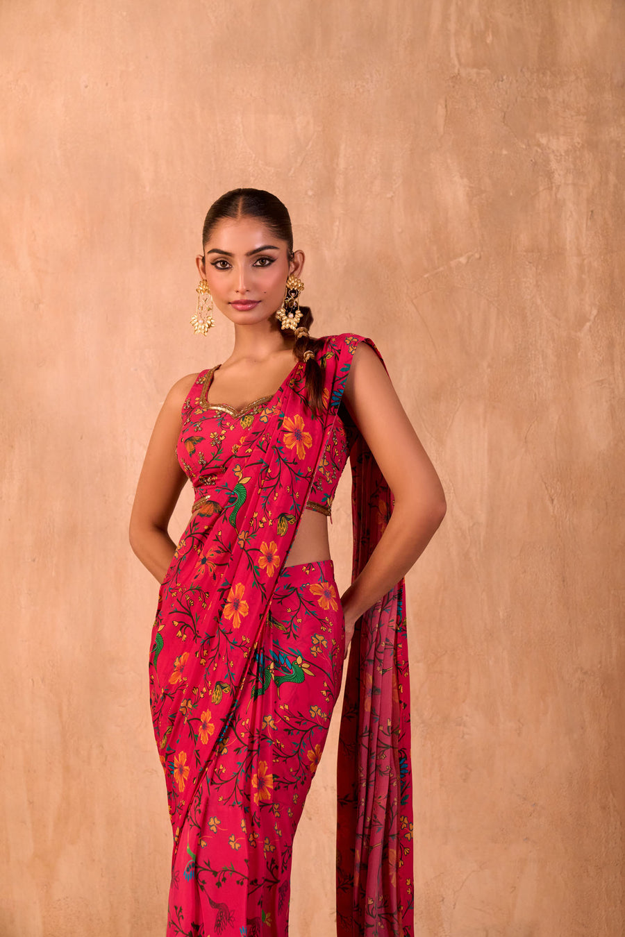 Pink Print Embroidered Choli With Pre-Draped Sari Set