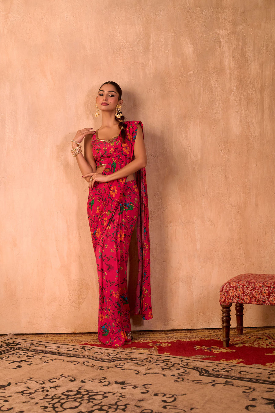 Pink Print Embroidered Choli With Pre-Draped Sari Set