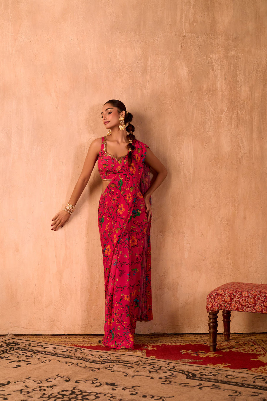 Pink Print Embroidered Choli With Pre-Draped Sari Set
