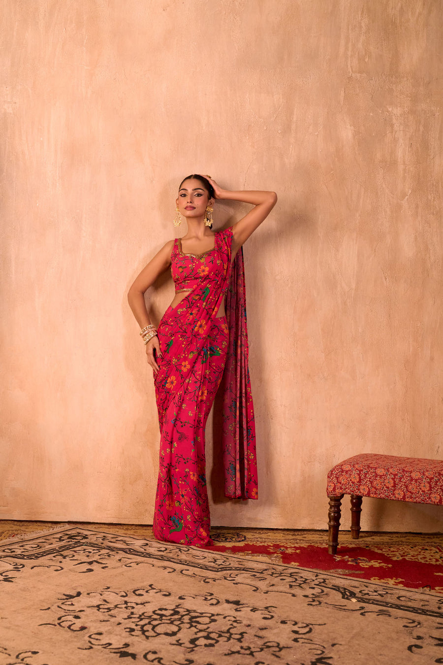 Pink Print Embroidered Choli With Pre-Draped Sari Set
