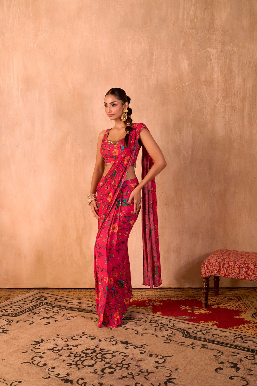 Pink Print Embroidered Choli With Pre-Draped Sari Set