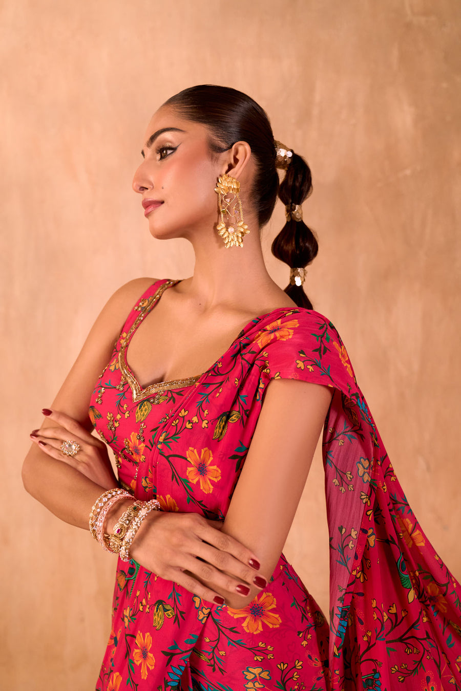 Pink Print Embroidered Choli With Pre-Draped Sari Set