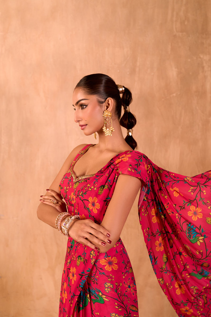 Pink Print Embroidered Choli With Pre-Draped Sari Set