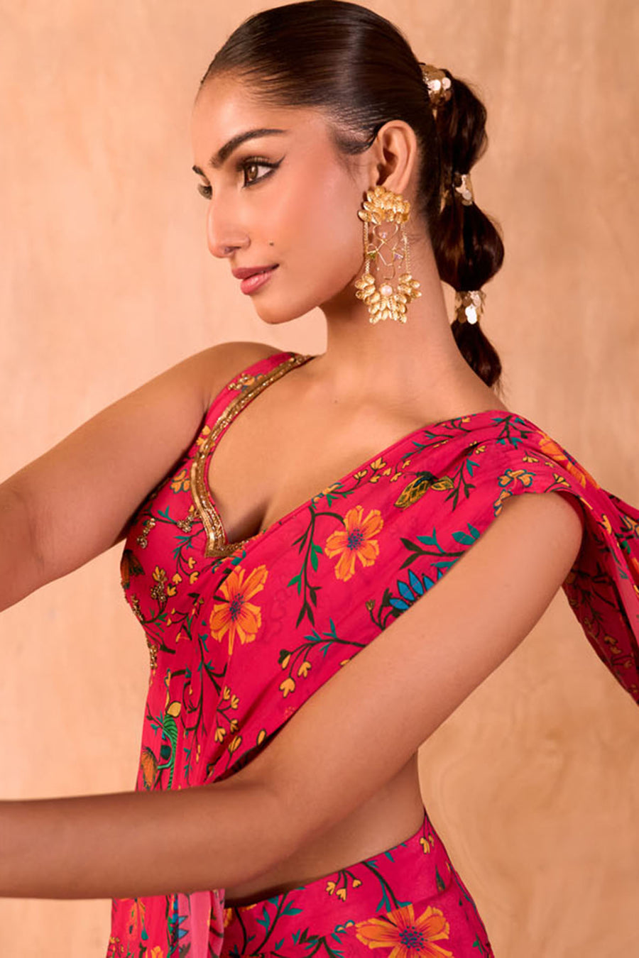 Pink Print Embroidered Choli With Pre-Draped Sari Set