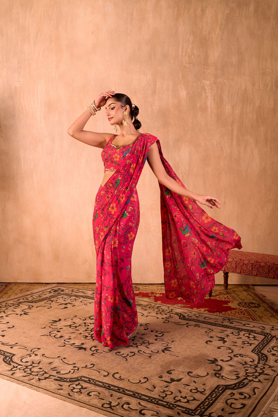 Pink Print Embroidered Choli With Pre-Draped Sari Set