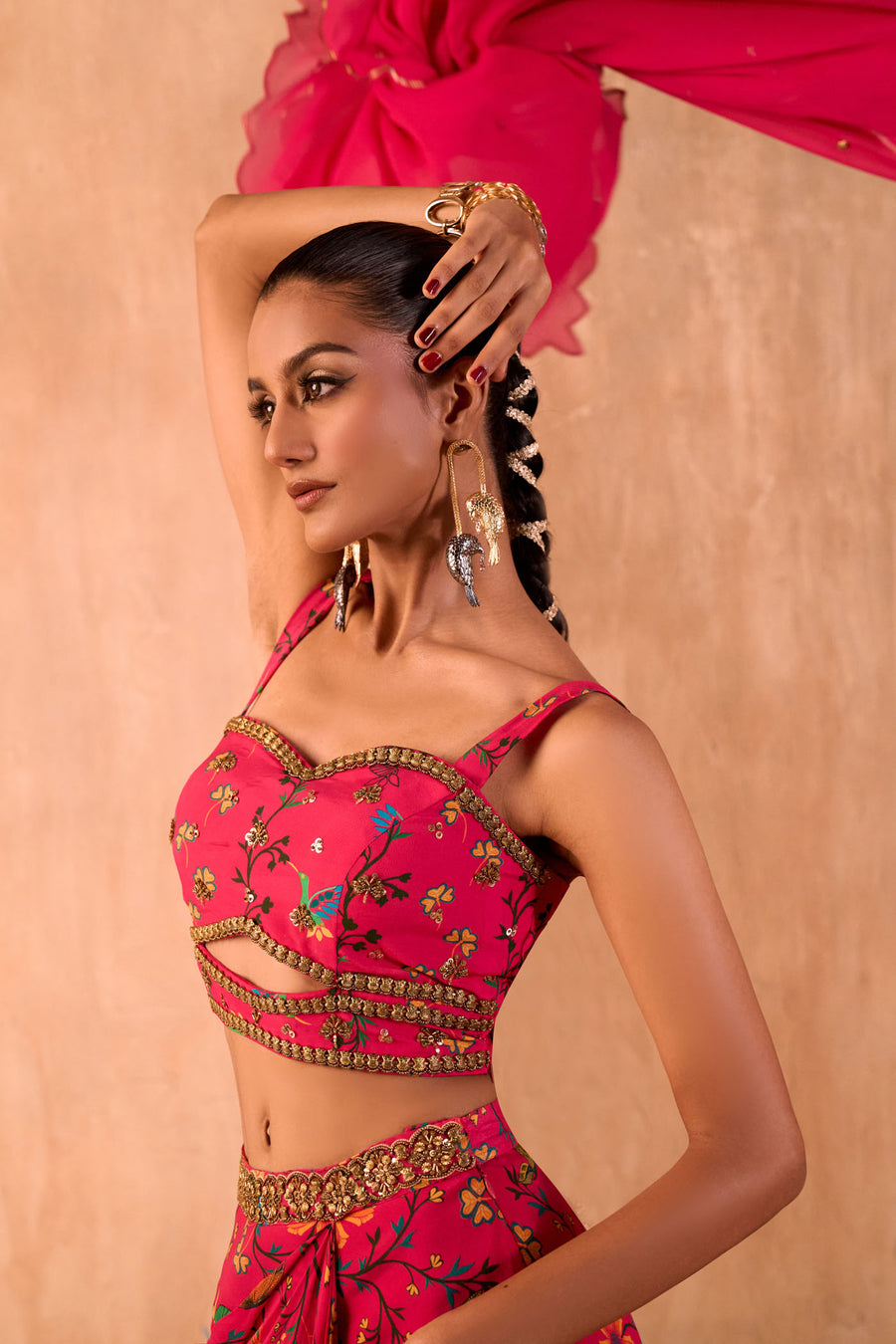 Pink Print Embroidered Choli, Draped Skirt And Dupatta Set