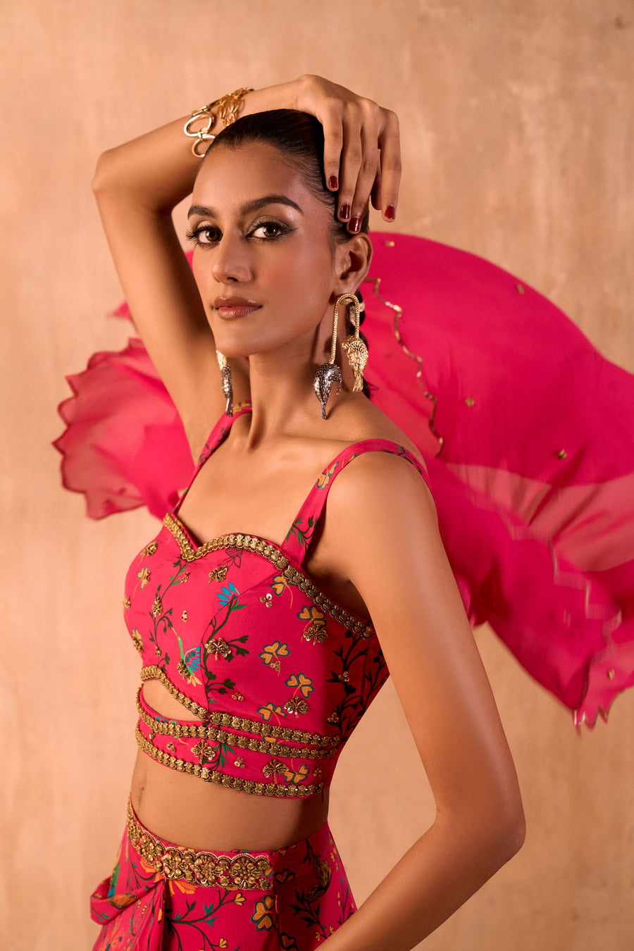 Pink Print Embroidered Choli, Draped Skirt And Dupatta Set