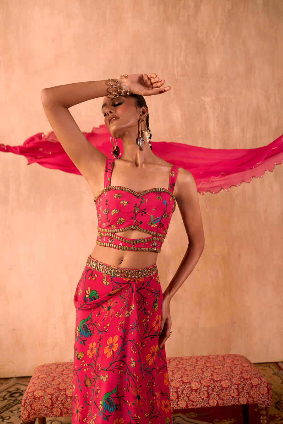 Pink Print Embroidered Choli, Draped Skirt And Dupatta Set