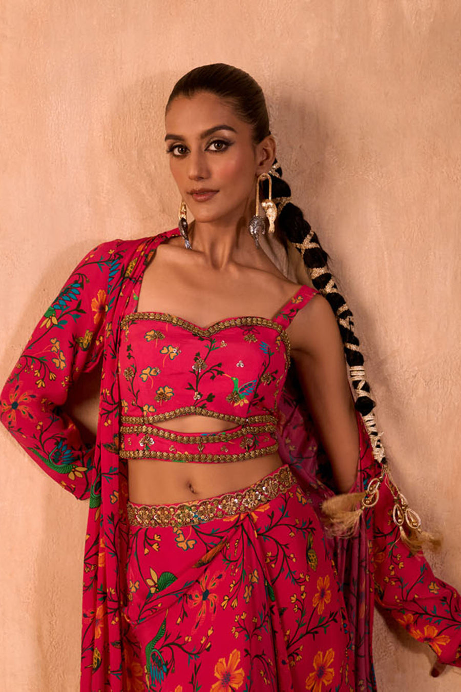 Pink Print Embroidered Choli, Draped Skirt And Jacket Set
