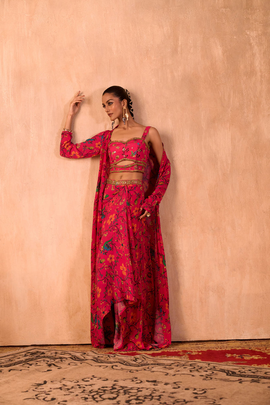 Pink Print Embroidered Choli, Draped Skirt And Jacket Set