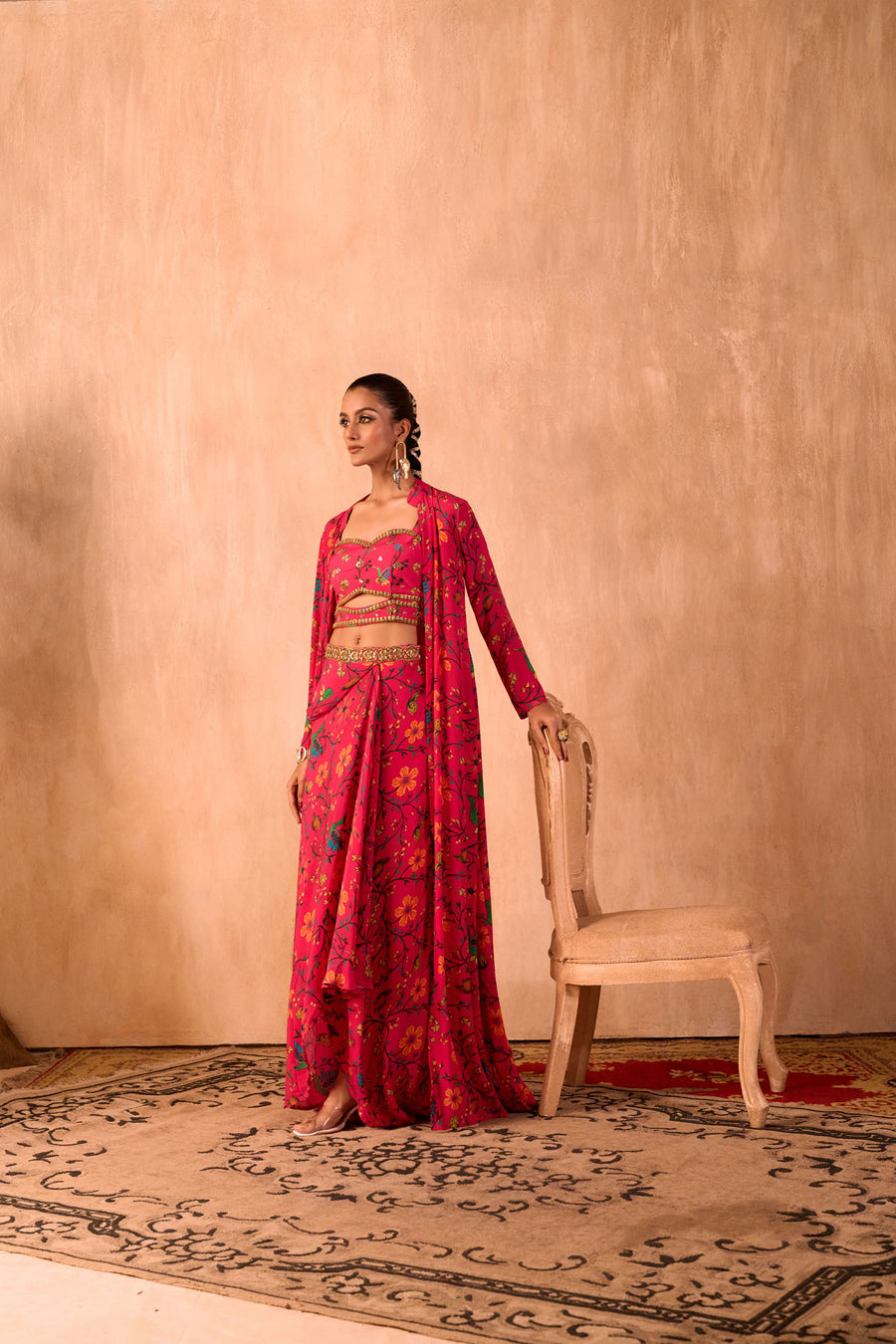 Pink Print Embroidered Choli, Draped Skirt And Jacket Set