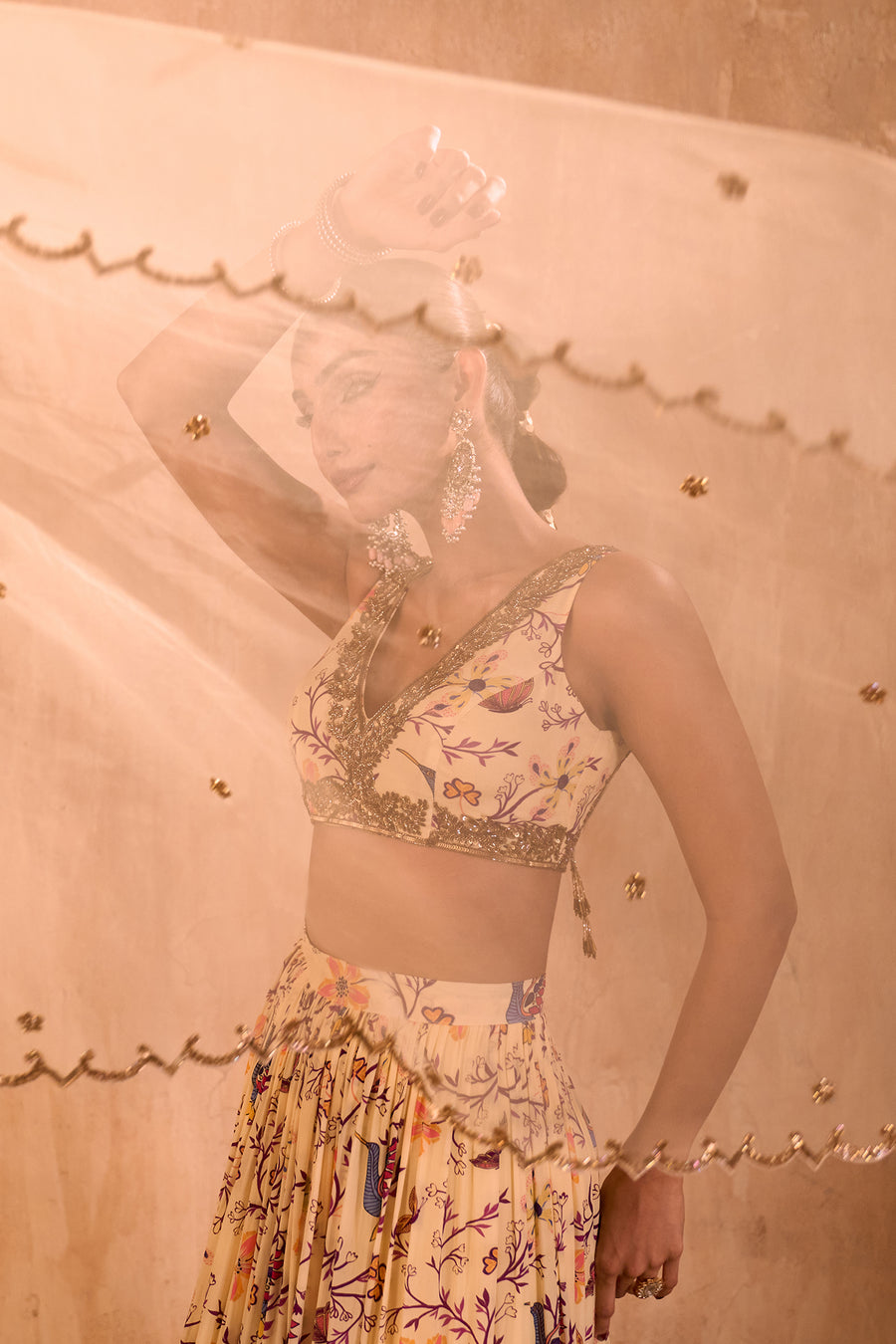 Ivory Print Embroidered Choli, Layered Lehenga And Dupatta Set