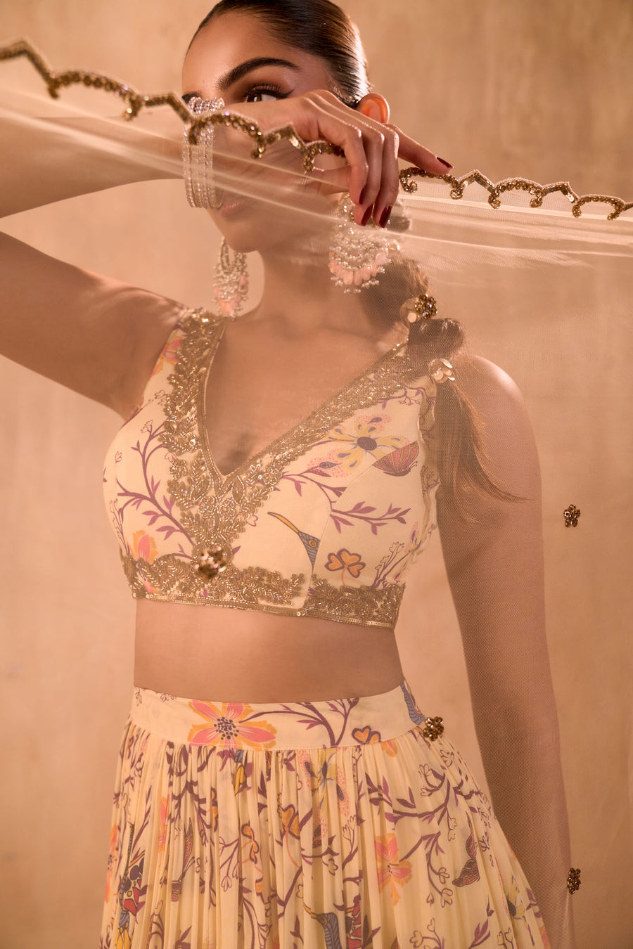 Ivory Print Embroidered Choli, Layered Lehenga And Dupatta Set