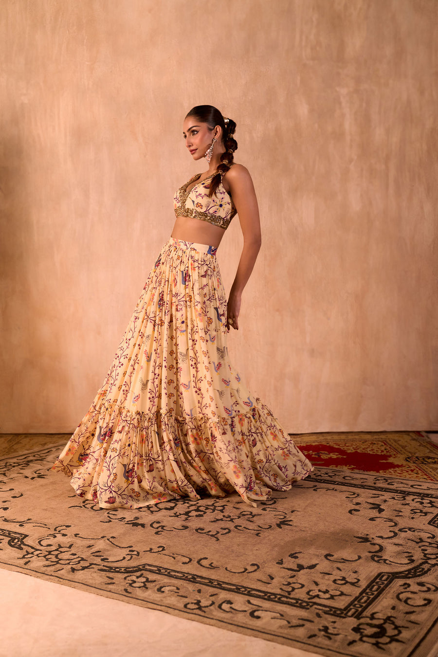 Ivory Print Embroidered Choli, Layered Lehenga And Dupatta Set