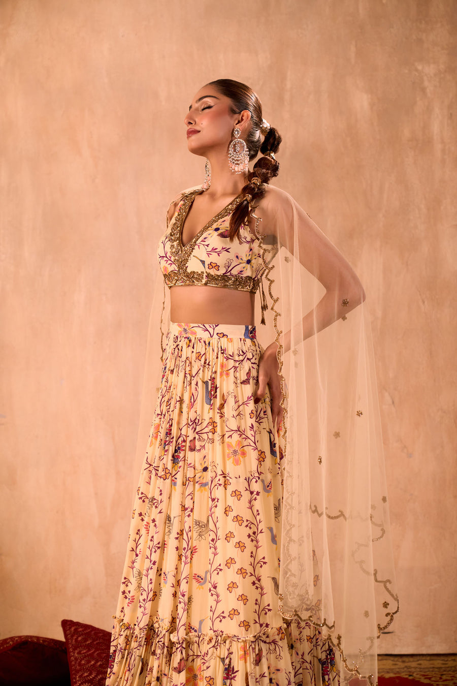 Ivory Print Embroidered Choli, Layered Lehenga And Dupatta Set