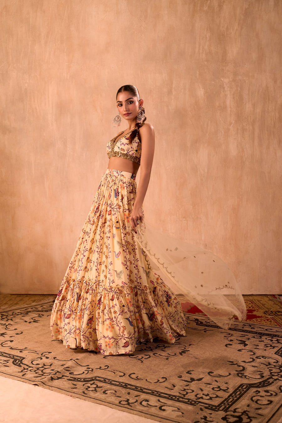 Ivory Print Embroidered Choli, Layered Lehenga And Dupatta Set