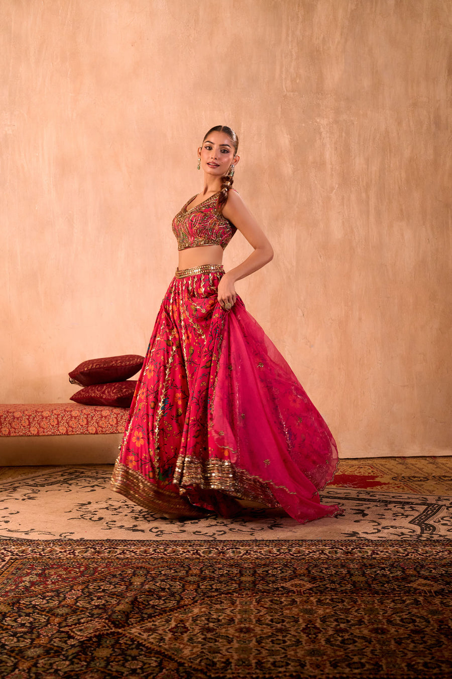 Pink Print Embroidered Choli, Lehenga And Dupatta Set