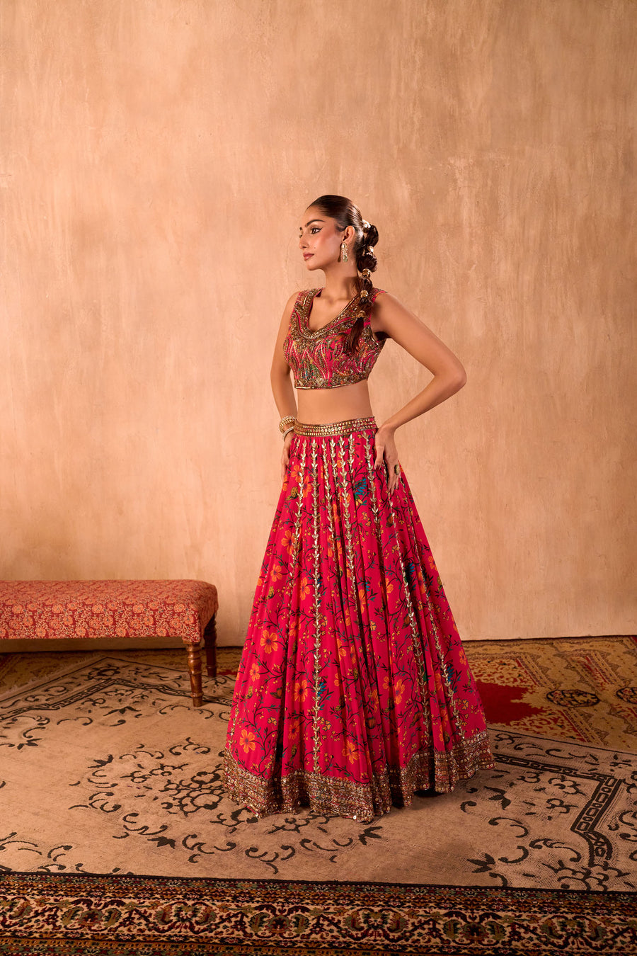 Pink Print Embroidered Choli, Lehenga And Dupatta Set