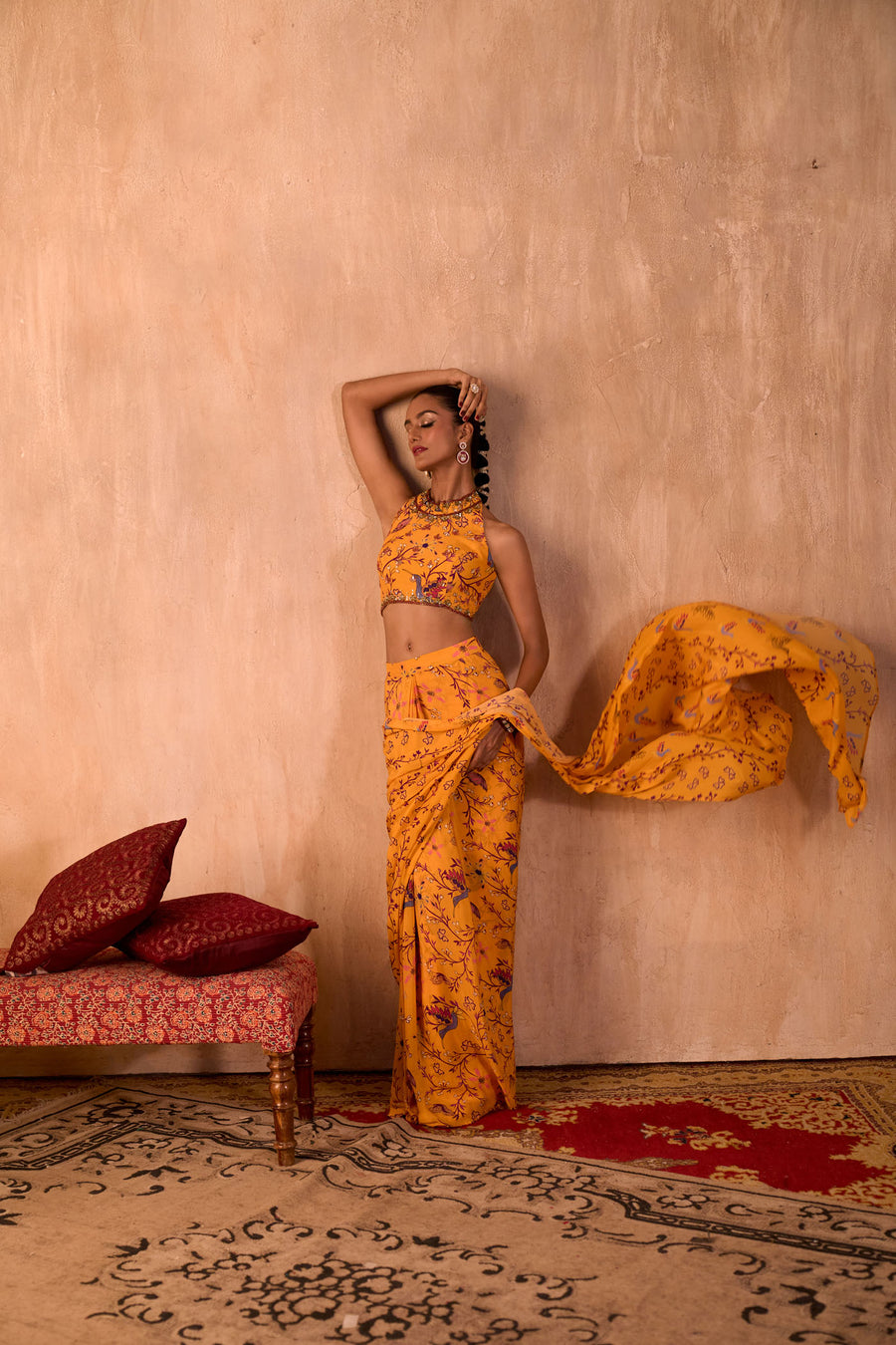 Yellow Print Embroidered Halter Choli And Predraped Sari Set