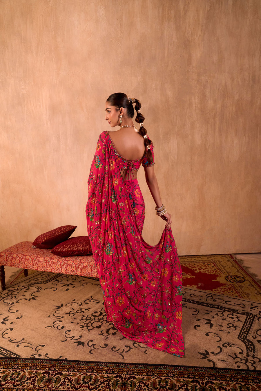 Pink Print Choli With Embroidered Sari Set