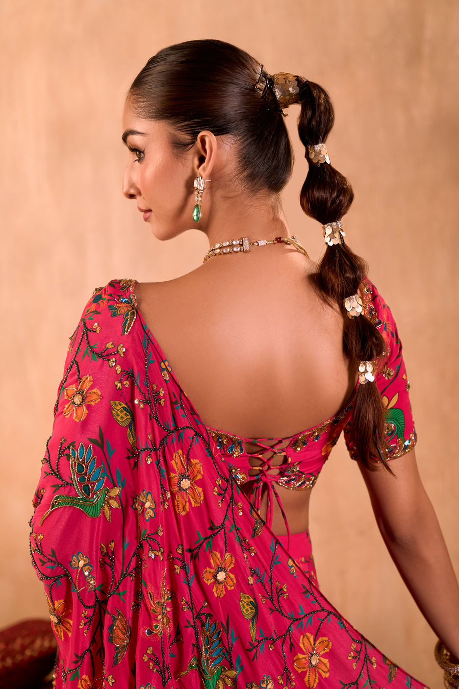 Pink Print Choli With Embroidered Sari Set