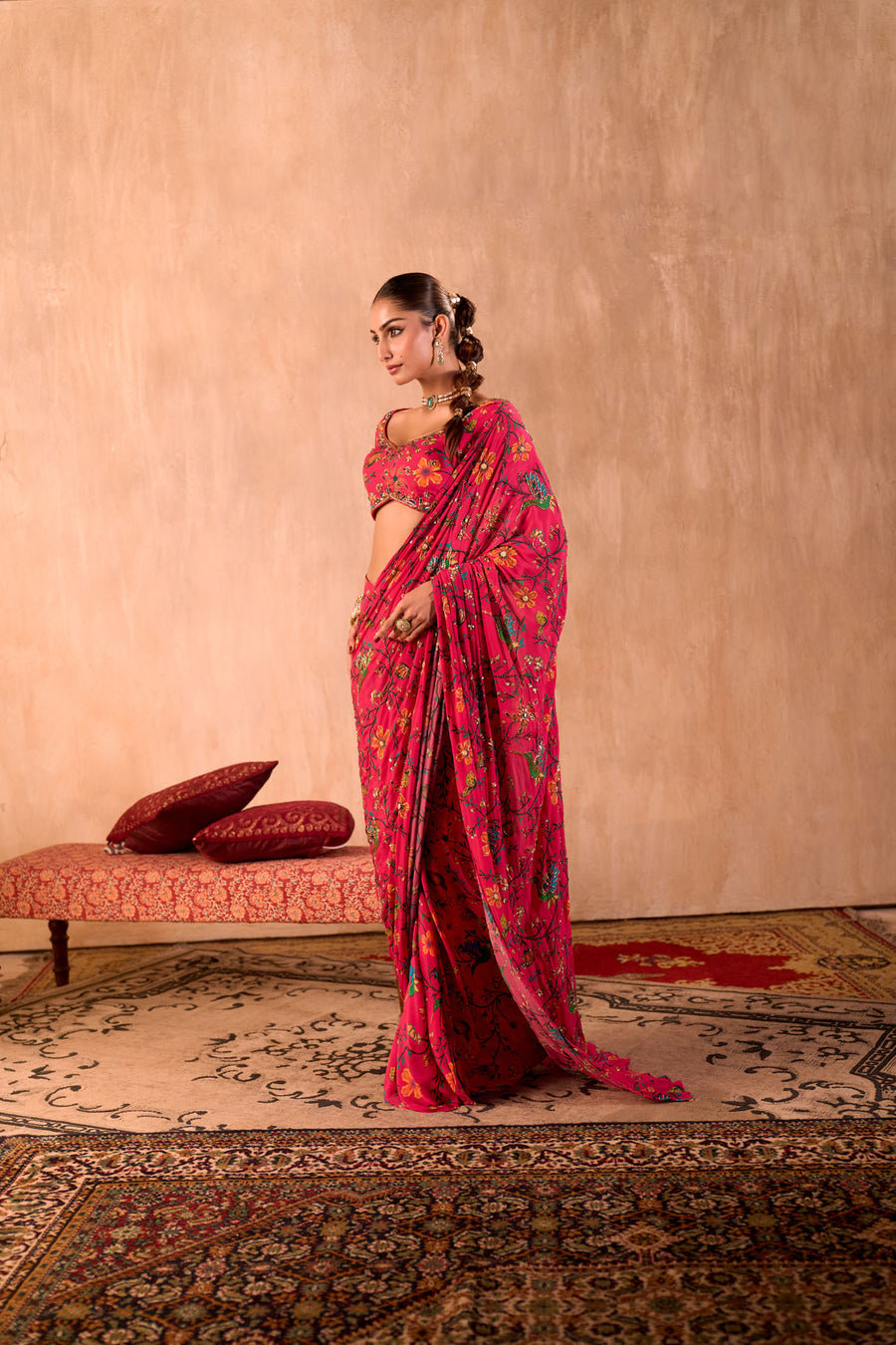 Pink Print Choli With Embroidered Sari Set