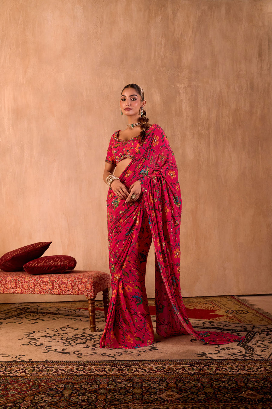 Pink Print Choli With Embroidered Sari Set