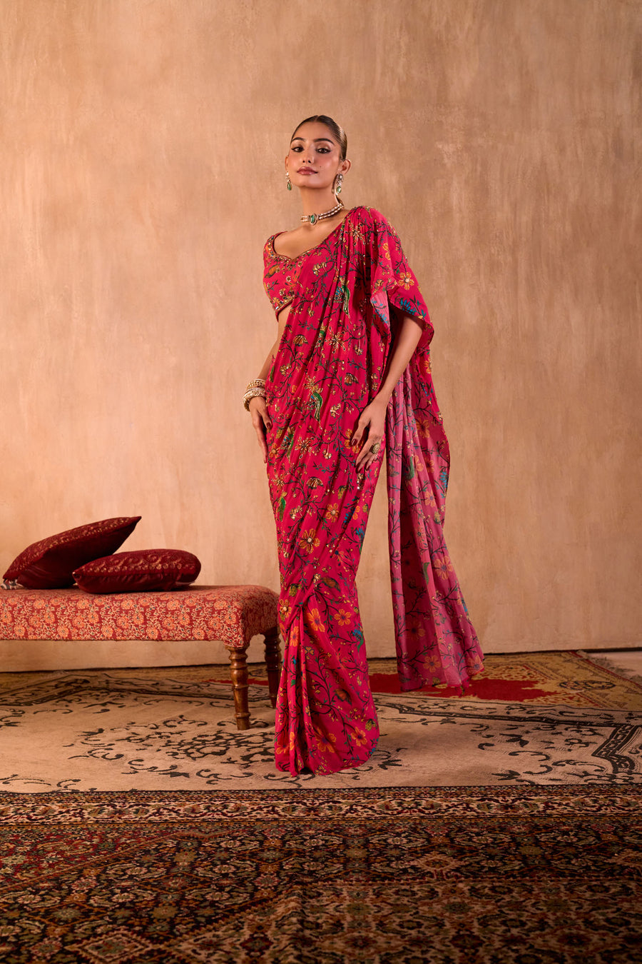 Pink Print Choli With Embroidered Sari Set