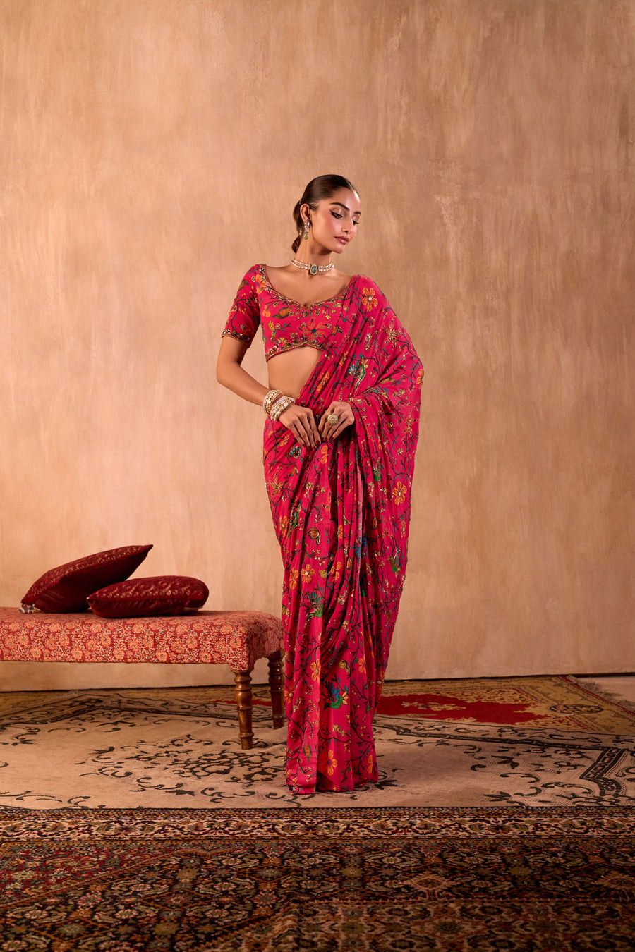 Pink Print Choli With Embroidered Sari Set
