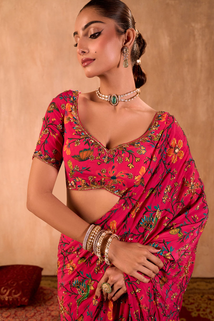 Pink Print Choli With Embroidered Sari Set