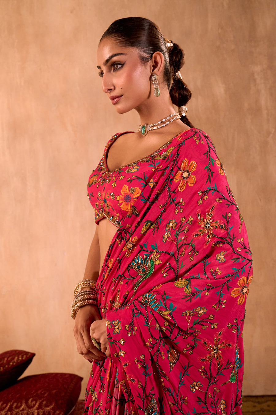 Pink Print Choli With Embroidered Sari Set