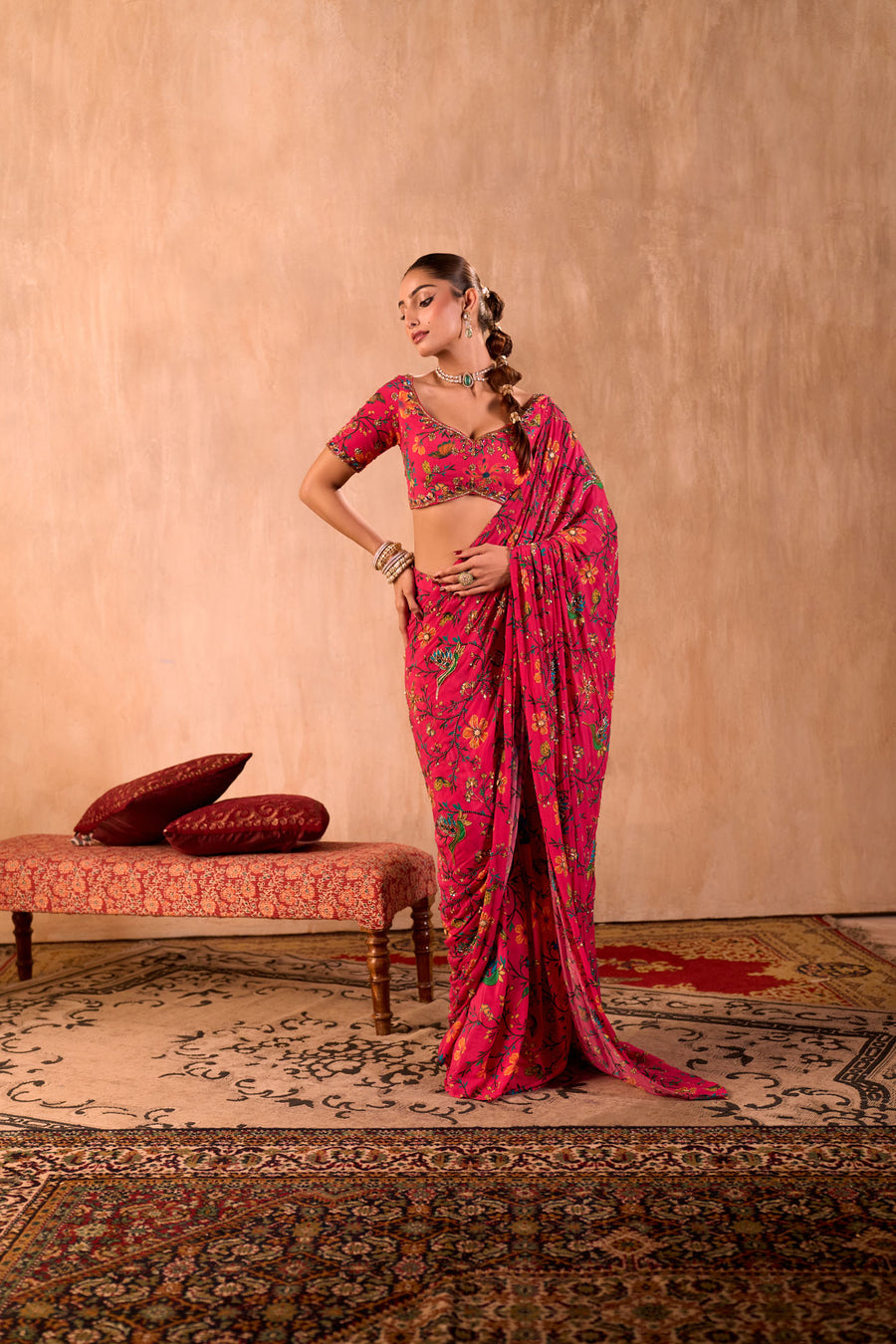 Pink Print Choli With Embroidered Sari Set