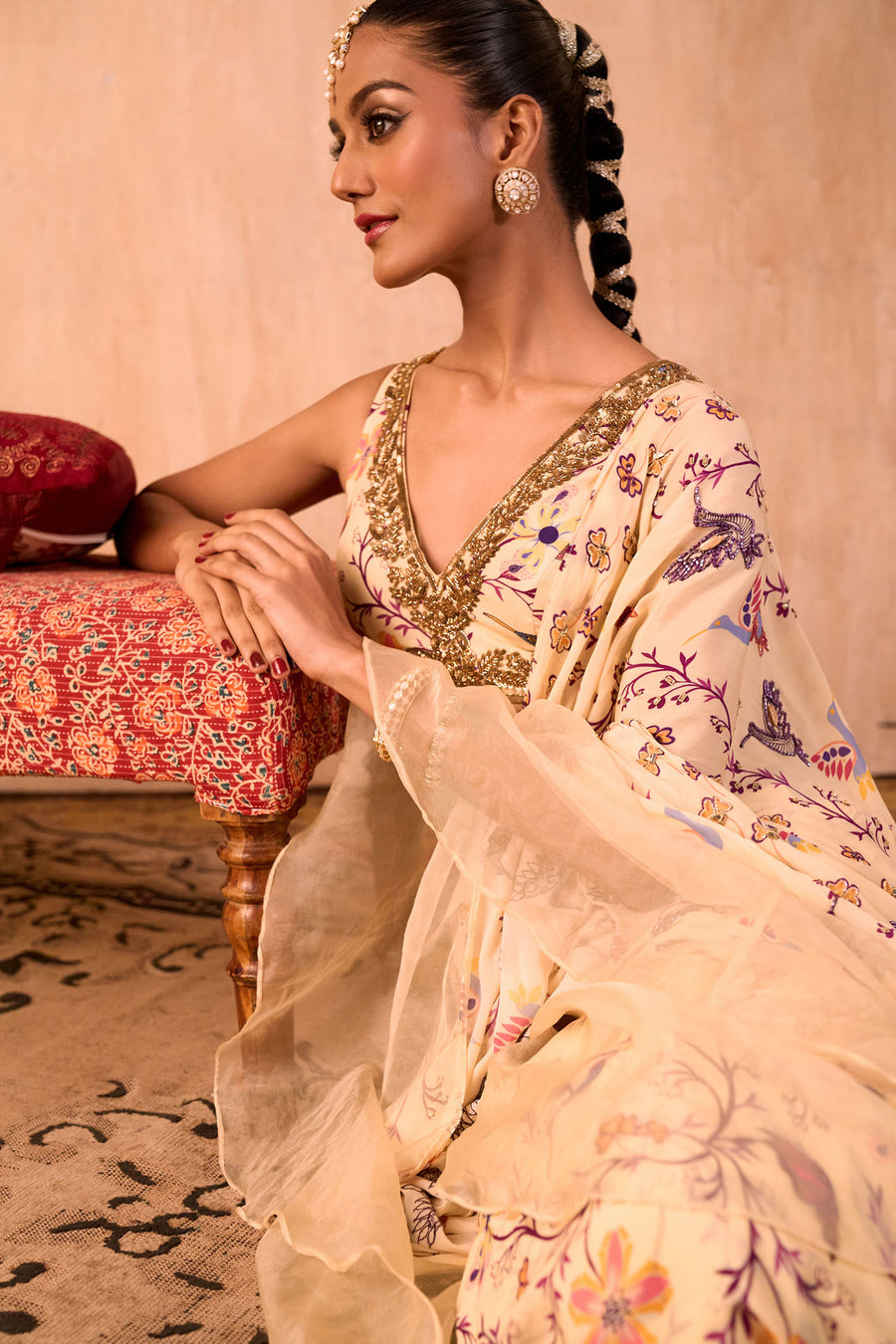 Ivory Print Embroidered Choli With Pre Draped Ruffle Sari Set