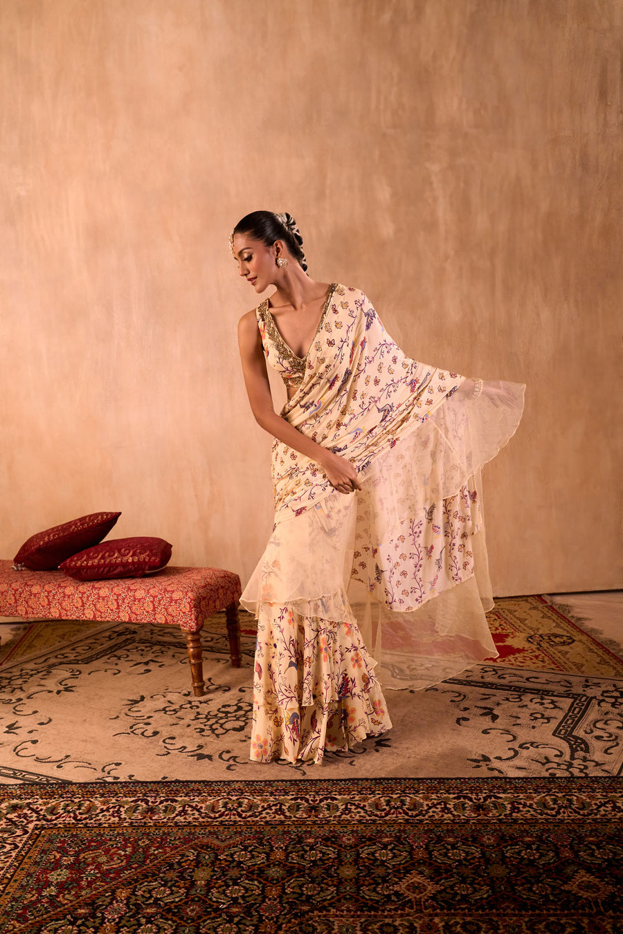 Ivory Print Embroidered Choli With Pre Draped Ruffle Sari Set
